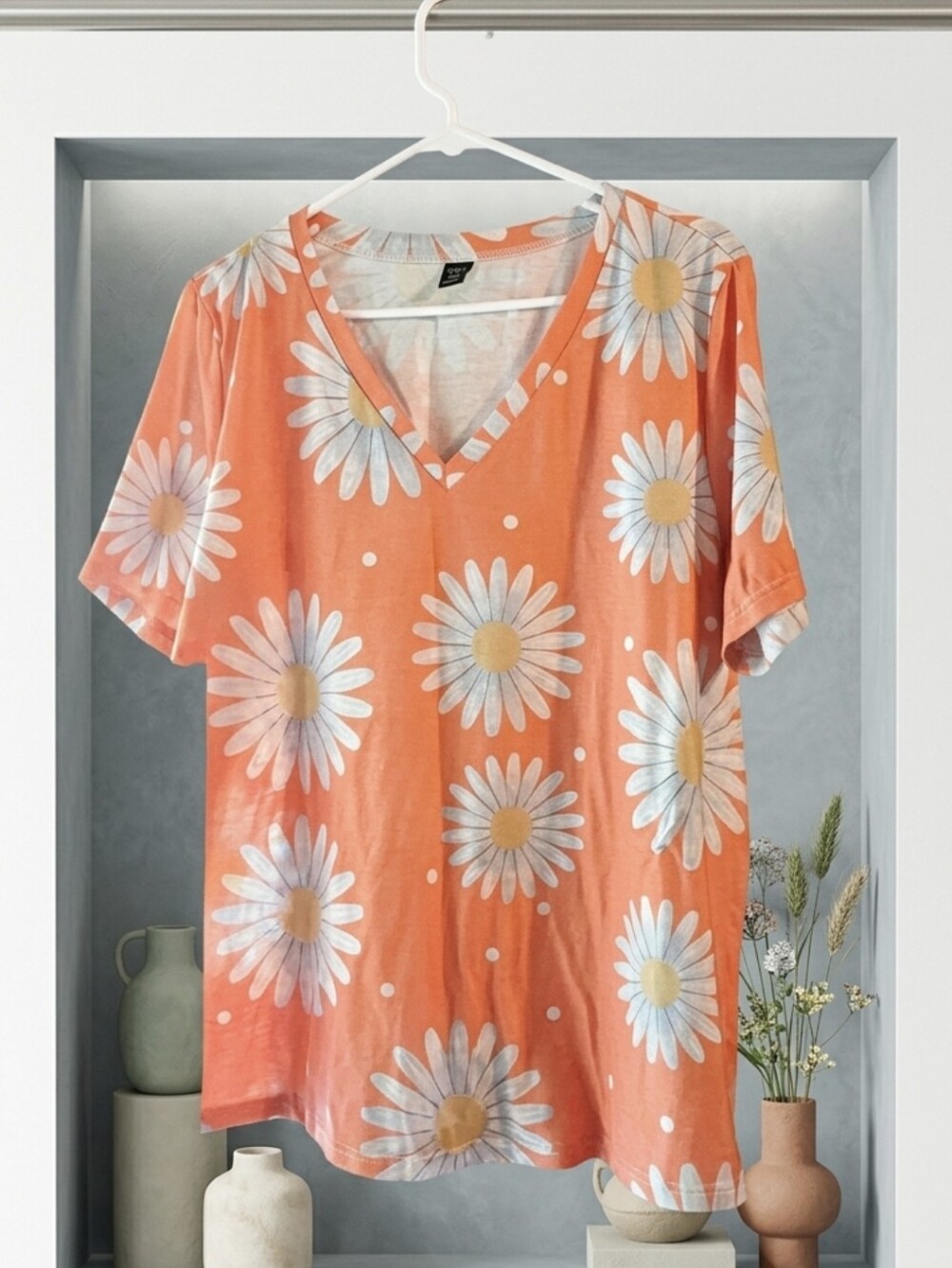 Floral V-Neck Daisy Print Top - Orange